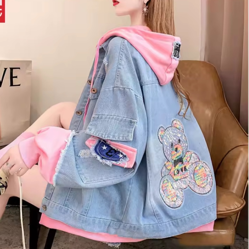 Denim Jacket bear sweatshirt patchwork with blue Pink Hoodie and Bear Patch